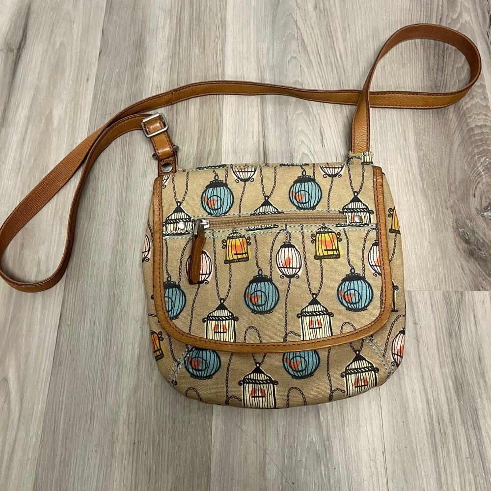 Fossil‎ Purse Women's Tan Key-Per Birdcage Print Canvas Leather Trim Crossbody